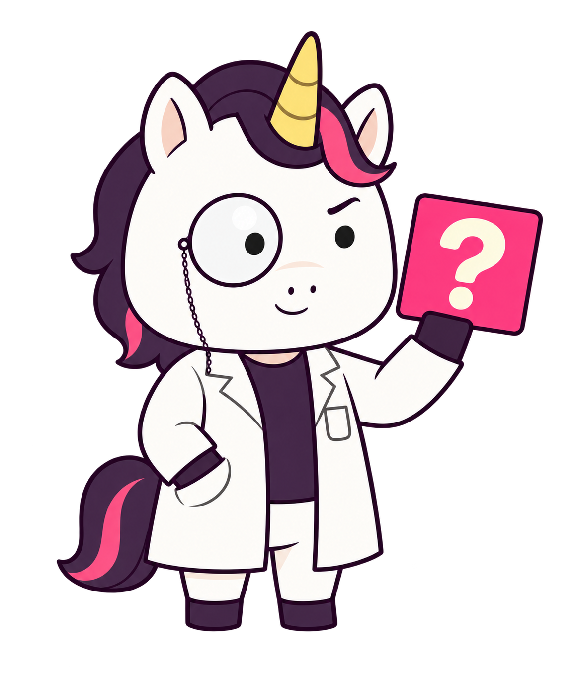 Professor Unicorn holding a question card