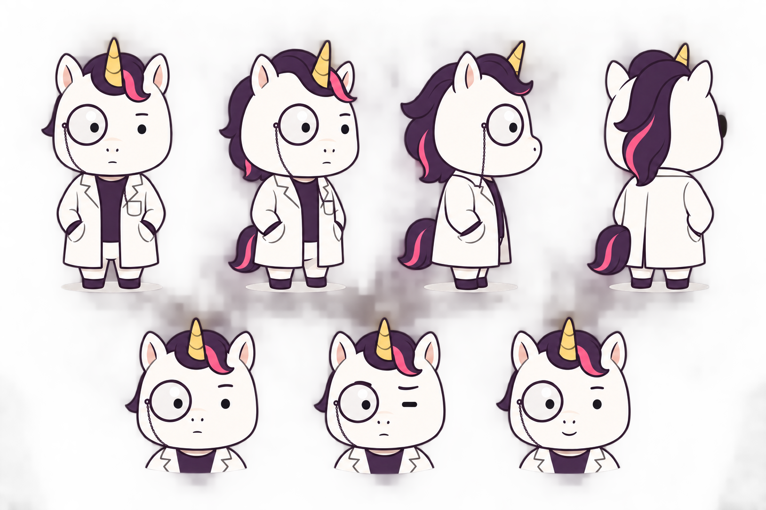 Professor Unicorn wearing a lab coat and a very serious monocle